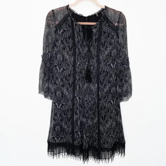 Elie Tahari | Dresses | Elie Tahari Gothic Paisley Floral Long Bell Sleeve  Silk Fringe Mini Dress 6 | Poshmark